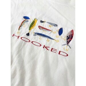 Vintage MC Spots Fishing Lure T Shirt Size L Ivory 90s Hooks FISH coastal Cape